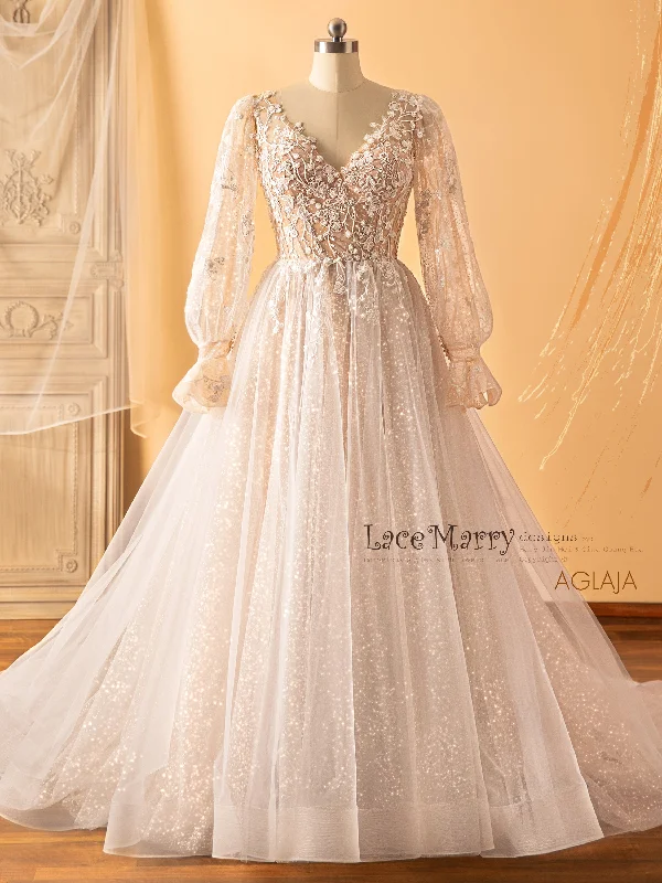 Luxury silk wedding dress with a trainAGLAJA / Long Puff Sleeves Wedding Dress with Glitter Skirt Luxury silk wedding dress with a trainAGLAJA / Long Puff Sleeves Wedding Dress with Glitter Skirt