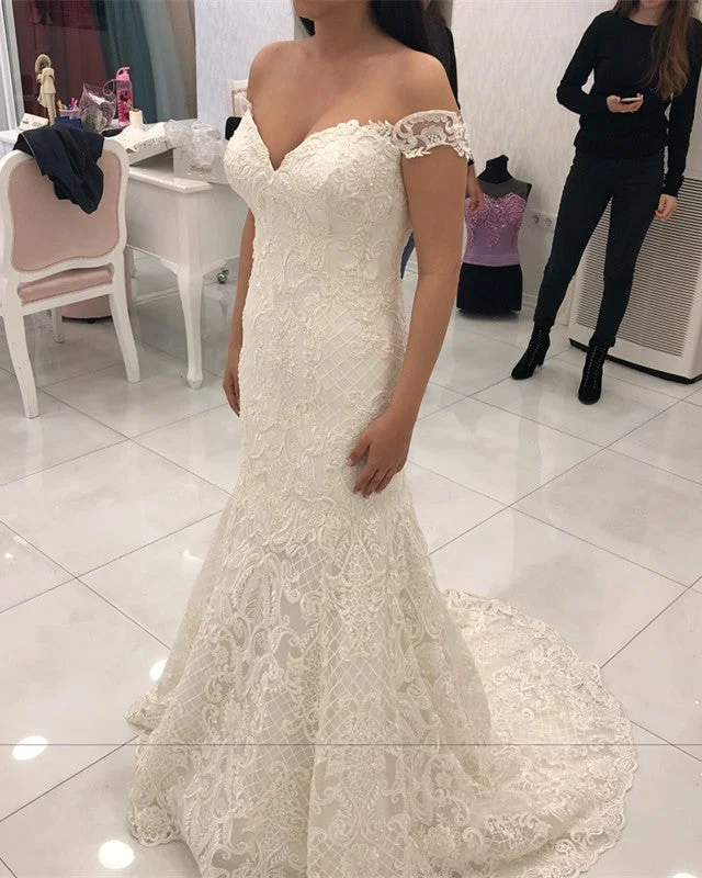 Navy - blue wedding dress for a sophisticated lookVintage Lace Mermaid Wedding Dress Off The Shoulder Navy - blue wedding dress for a sophisticated lookVintage Lace Mermaid Wedding Dress Off The Shoulder