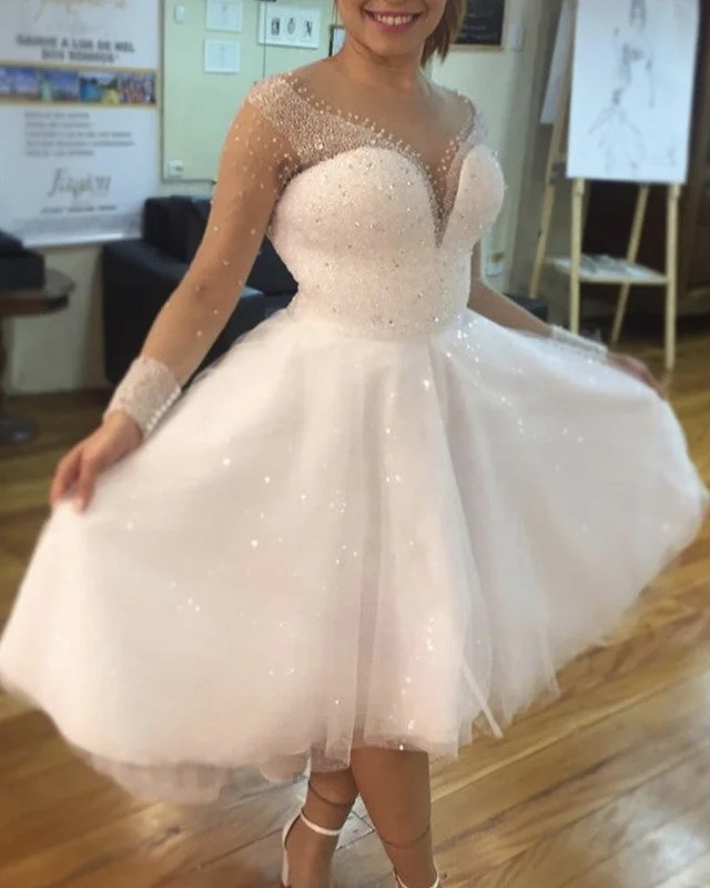 High - low hem wedding dress for a trendy touchShort Wedding Dress Sparkle Beaded Long Sleeves High - low hem wedding dress for a trendy touchShort Wedding Dress Sparkle Beaded Long Sleeves