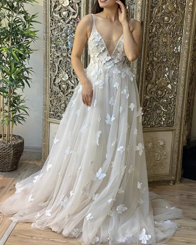 Ballroom - ready luxury wedding dressButterfly Wedding Dress A Line Tulle V Neck