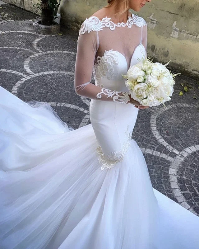 Pearl - studded wedding dress for a refined lookLong Sleeves Mermaid Wedding Dress Embroidery Pearl - studded wedding dress for a refined lookLong Sleeves Mermaid Wedding Dress Embroidery