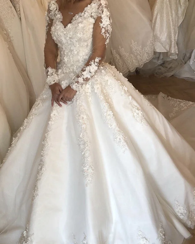 Dark - colored wedding dress for a mysterious bride3D Lace Flowers Wedding Dress Long Sleeves V Neck Dark - colored wedding dress for a mysterious bride3D Lace Flowers Wedding Dress Long Sleeves V Neck