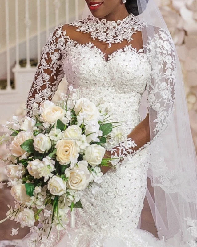 A - line ball gown wedding dress with cathedral trainHigh Neck Mermaid Wedding Dress Lace Long Sleeves A - line ball gown wedding dress with cathedral trainHigh Neck Mermaid Wedding Dress Lace Long Sleeves