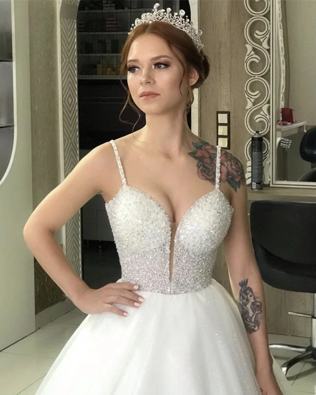 Dark - colored wedding dress for a mysterious brideSequins Beaded V Neck Wedding Dress Ball Gown With Straps