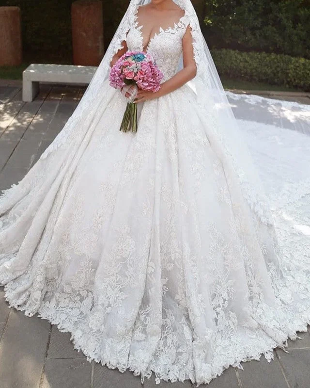 Ruffled - skirt wedding dress for a romantic lookBall Gown Lace Wedding Dress Illusion Neckline Ruffled - skirt wedding dress for a romantic lookBall Gown Lace Wedding Dress Illusion Neckline