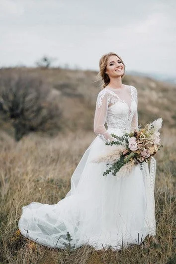 Multicultural - inspired wedding dressAmazing Bohemian Tulle Two Piece Court Train Wedding Dress With Button Back