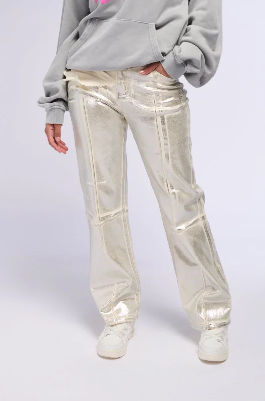 Tartan pants for women in a Scottish patternATLAS METALLIC DETAIL WIDE LEG DENIM