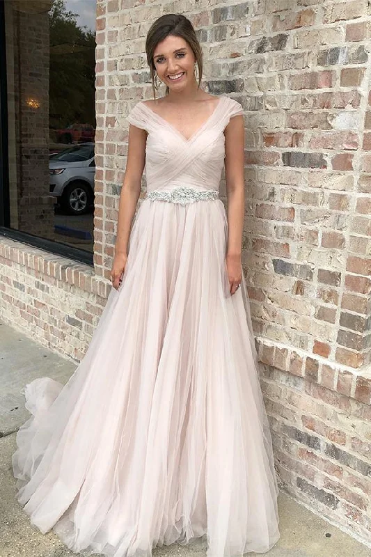 Maternity - friendly wedding dress for expecting bridesLong Cap Sleeves A-line V-Neck Baby Pink Wedding Dress Maternity - friendly wedding dress for expecting bridesLong Cap Sleeves A-line V-Neck Baby Pink Wedding Dress