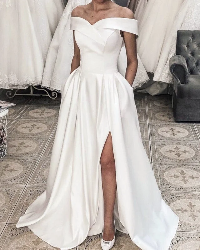 Padded - bust wedding dress for added supportBeach Satin Wedding Dresses Split Off Shoulder With Pockets Padded - bust wedding dress for added supportBeach Satin Wedding Dresses Split Off Shoulder With Pockets