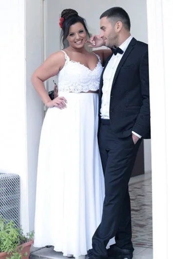 Feather - trimmed wedding dress for a romantic touchBohemian Two Piece V-neck Beach Lace And Chiffon Dress Feather - trimmed wedding dress for a romantic touchBohemian Two Piece V-neck Beach Lace And Chiffon Dress