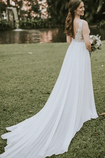 Bridal couture wedding dress by famous designerBohemian V-neck A Line Chiffon and Lace Floor-length Court Train Sleeveless Wedding Dress Bridal couture wedding dress by famous designerBohemian V-neck A Line Chiffon and Lace Floor-length Court Train Sleeveless Wedding Dress