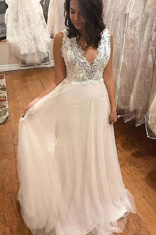 Bridal couture wedding dress by famous designerBoho Long V-Neck A-line Ivory Wedding Dress with Lace Bridal couture wedding dress by famous designerBoho Long V-Neck A-line Ivory Wedding Dress with Lace