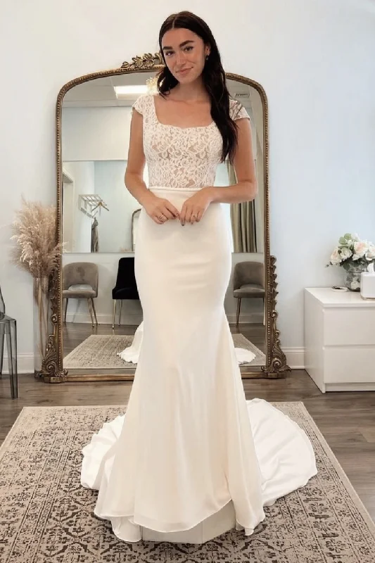 Sheath - style wedding dress with a slitCapped Sleeves Lace Sheath Wedding Gown with Square Neck Sheath - style wedding dress with a slitCapped Sleeves Lace Sheath Wedding Gown with Square Neck