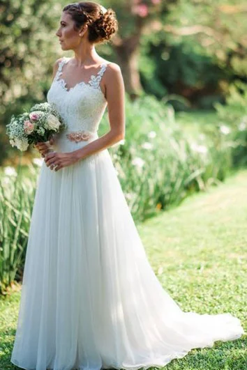 Racer - back wedding dress for a sporty - modern lookCasual Straps Chiffon Lace A Line Floor-length Brush Train Sleeveless Wedding Dress Racer - back wedding dress for a sporty - modern lookCasual Straps Chiffon Lace A Line Floor-length Brush Train Sleeveless Wedding Dress