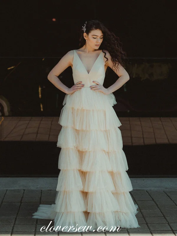 Maxi - length wedding dress for a grand lookChampagne Tulle V-neck Tiered Elegant Wedding Dresses, CW0231 Maxi - length wedding dress for a grand lookChampagne Tulle V-neck Tiered Elegant Wedding Dresses, CW0231