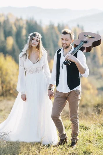 Metallic - thread - detailed wedding dressChiffon Plunging Poet Long Sleeve Bohemian Wedding Dress With Lace Details And Front Split Metallic - thread - detailed wedding dressChiffon Plunging Poet Long Sleeve Bohemian Wedding Dress With Lace Details And Front Split