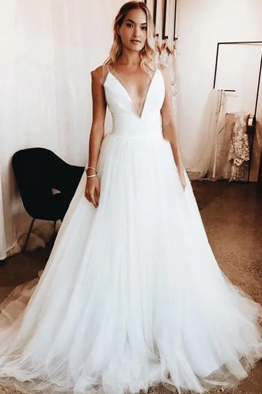 Handmade lace wedding dress for a unique feelLong Deep V-Neck Empire A-line White Wedding Dress