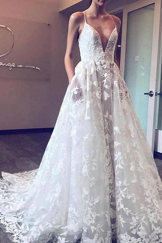 Handmade lace wedding dress for a unique feelLong Spaghetti Strap A-line White Wedding Dress with Pockets Handmade lace wedding dress for a unique feelLong Spaghetti Strap A-line White Wedding Dress with Pockets