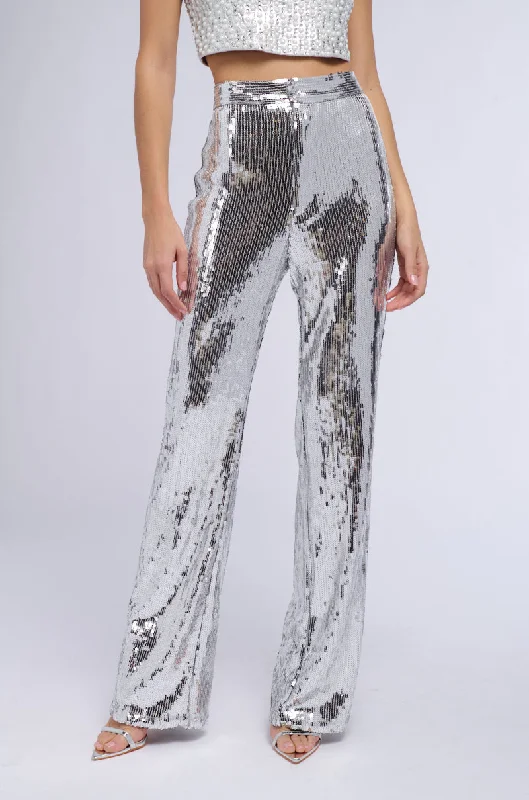 Embroidered denim wide leg pants for women in a unique and eye - catching styleDISCO FEVER SEQUIN EMBELLISHED HIGH WAIST FLARE PANT IN SILVER