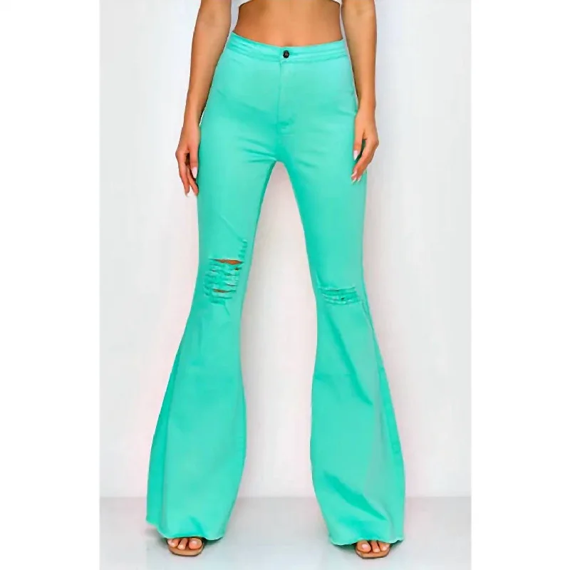 Sheer panel pants for women with a sexy touchDistressed High Waist Bell Pants In Mint