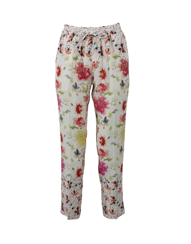 Embroidered linen pants for women in a natural styleDraw-String Floral Pant