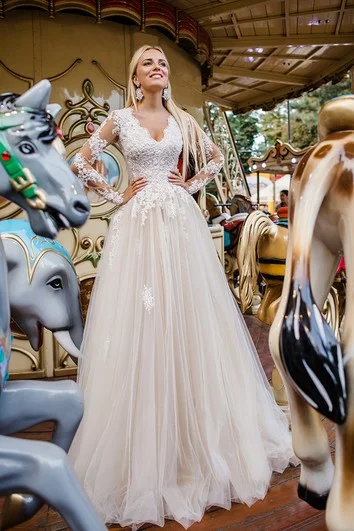 New - age - style wedding dress with unique detailsElegant Lace and Tulle Aline Long Sleeve Wedding Gown with Applique New - age - style wedding dress with unique detailsElegant Lace and Tulle Aline Long Sleeve Wedding Gown with Applique