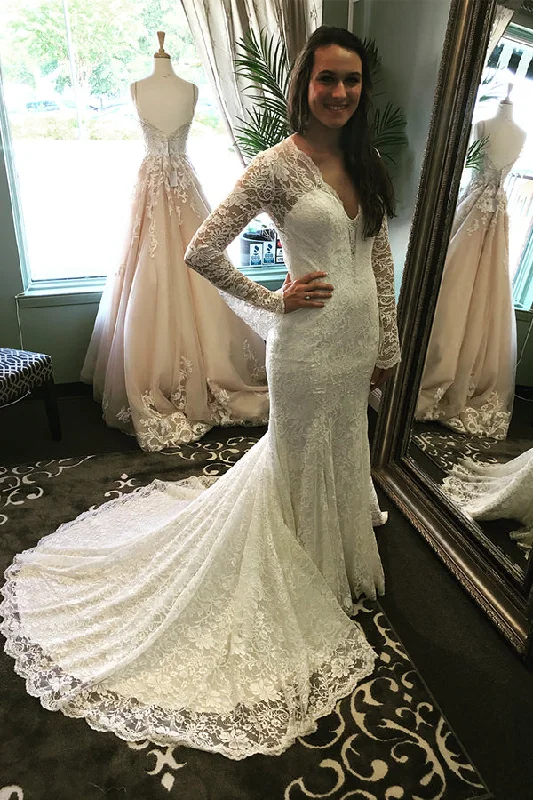 Backless sweetheart neckline wedding dressMermaid Long Sleeves V-Neck Ivory Wedding Dress with Train Backless sweetheart neckline wedding dressMermaid Long Sleeves V-Neck Ivory Wedding Dress with Train