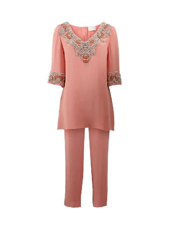 Patchwork denim pants for women in a creative designEmbroidered Tunic With Pajama Pant