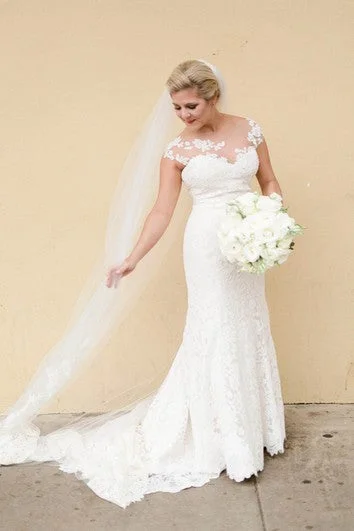 Ruffled - skirt wedding dress for a romantic lookEmpire Waist Lace Cap Sleeve Mermaid Bateau Gown With Floral Appliques