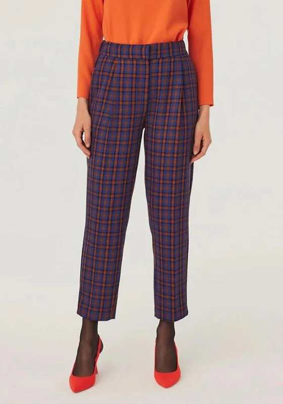 Drawstring linen pants for women in a casual and breathable styleExquise Tartan Slim Leg Trousers, Blue & Tan Multi