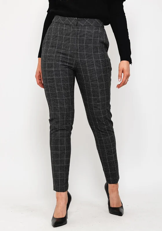 Linen blend cigarette pants for women in a breezy and modern styleExquise Checked Slim Leg Trousers, Dark Grey