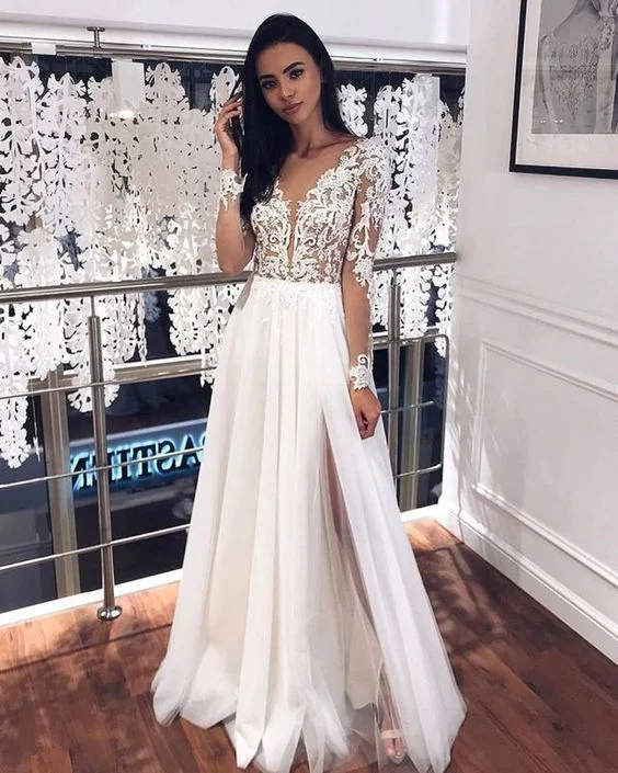 Diamond - encrusted wedding dress for a luxurious feelFashion V Neck Long Sleeves Split Wedding Dresses prom Dresses cg11377 Diamond - encrusted wedding dress for a luxurious feelFashion V Neck Long Sleeves Split Wedding Dresses prom Dresses cg11377