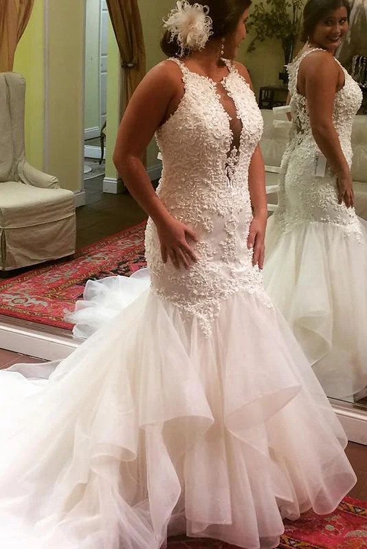 Polka - dot wedding dress for a fun touchLong Deep V-Neck Mermaid Ivory Bridal Dress with Rufffles Polka - dot wedding dress for a fun touchLong Deep V-Neck Mermaid Ivory Bridal Dress with Rufffles