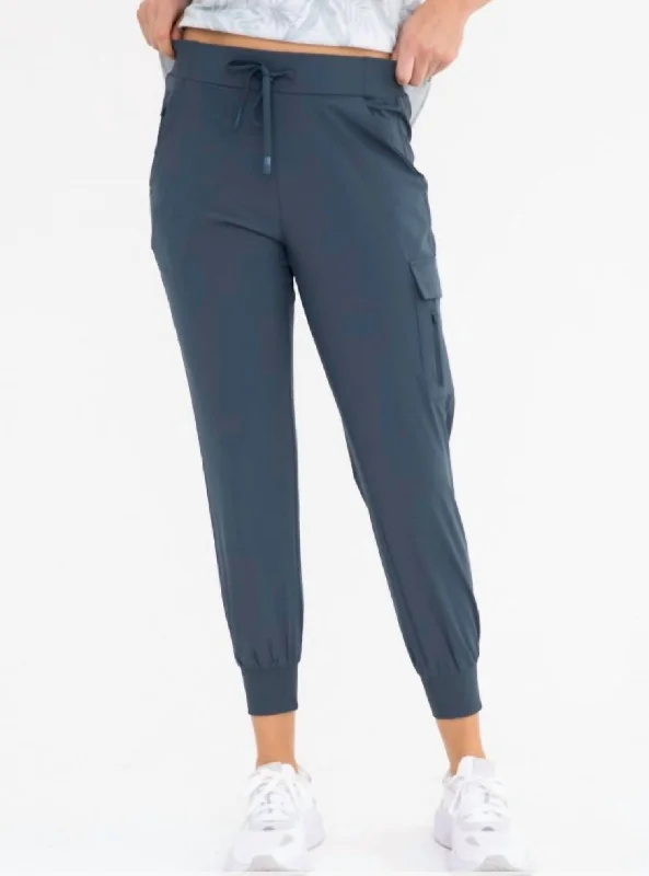 Metallic pants for women to shineHigh Waisted Capri Joggers In Slate Blue