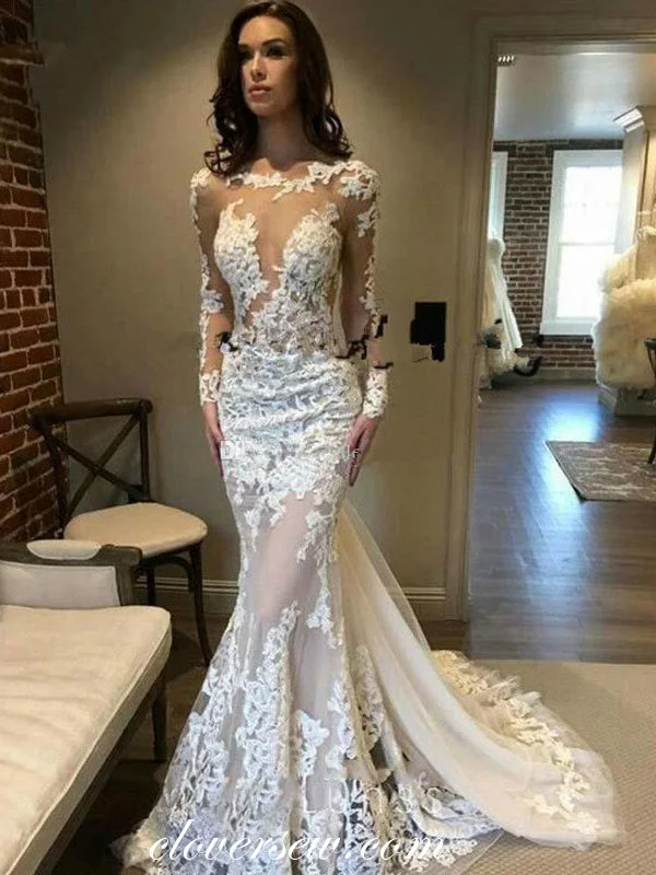 Sheath - style wedding dress with a slitIllusion Lace Applique Long Sleeves Mermaid Wedding Dresses, CW0233 Sheath - style wedding dress with a slitIllusion Lace Applique Long Sleeves Mermaid Wedding Dresses, CW0233