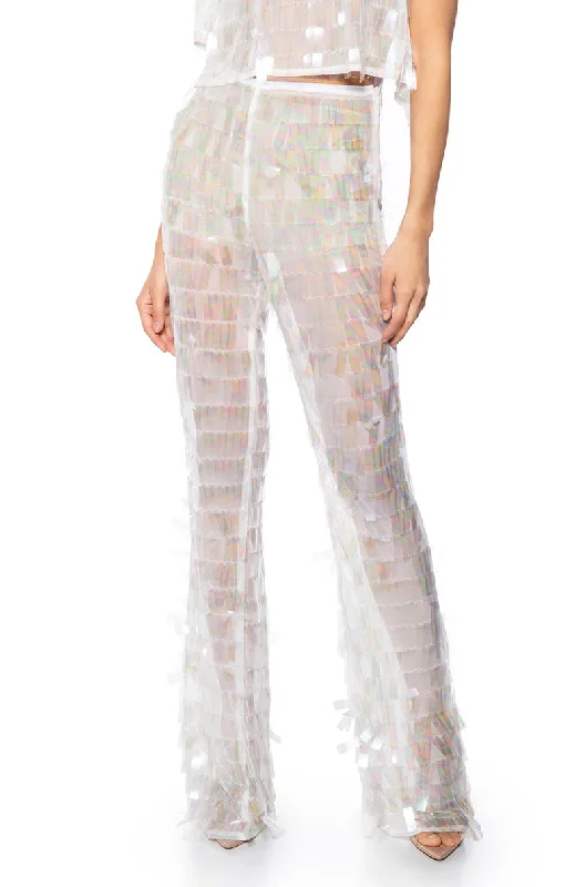 Polyester blend wide leg dress pants for women in a durable and formal styleIMPRESS ME IRIDESCENT WIDE LEG SEQUIN PANT Polyester blend wide leg dress pants for women in a durable and formal styleIMPRESS ME IRIDESCENT WIDE LEG SEQUIN PANT