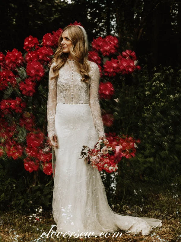 Racer - back wedding dress for a sporty - modern lookLace High Neck Long Sleeves Sheath Wedding Dresses, CW0238 Racer - back wedding dress for a sporty - modern lookLace High Neck Long Sleeves Sheath Wedding Dresses, CW0238