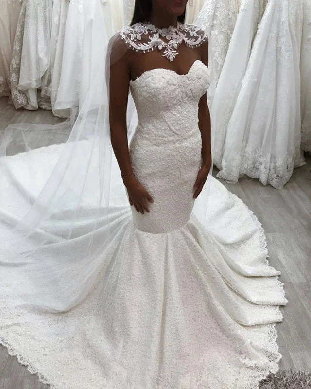 Square - neck wedding dress for a classic lookLace Mermaid Sweetheart Wedding Dress With Cape Square - neck wedding dress for a classic lookLace Mermaid Sweetheart Wedding Dress With Cape