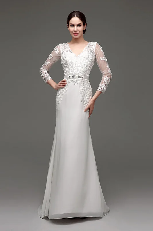 Racer - back wedding dress for a sporty - modern lookLong Sleeves V-Neck Mermaid White Wedding Dress with Appliques Racer - back wedding dress for a sporty - modern lookLong Sleeves V-Neck Mermaid White Wedding Dress with Appliques