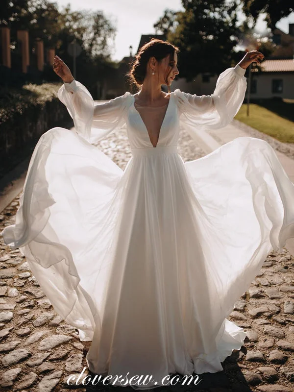 Contemporary geometric - print wedding dressLong Sleeves Off White Chiffon V-neck Boho Wedding Dresses ,CW0232 Contemporary geometric - print wedding dressLong Sleeves Off White Chiffon V-neck Boho Wedding Dresses ,CW0232