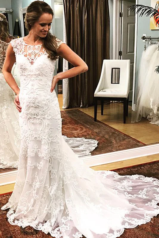 Court train A - line wedding dressLong Mermaid Cap Sleeves Ivory Wedding Dress with Lace Court train A - line wedding dressLong Mermaid Cap Sleeves Ivory Wedding Dress with Lace