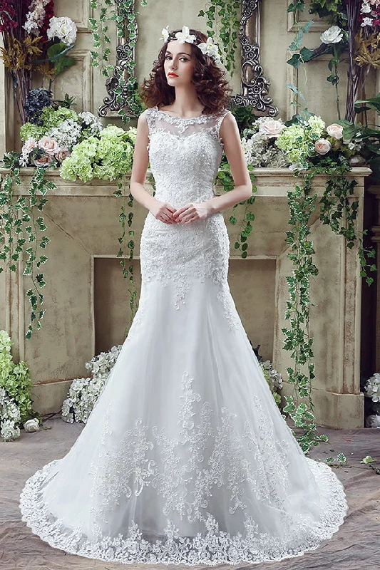 Racer - back wedding dress for a sporty - modern lookMermaid V Back Long White Wedding Dress with Appliques Racer - back wedding dress for a sporty - modern lookMermaid V Back Long White Wedding Dress with Appliques