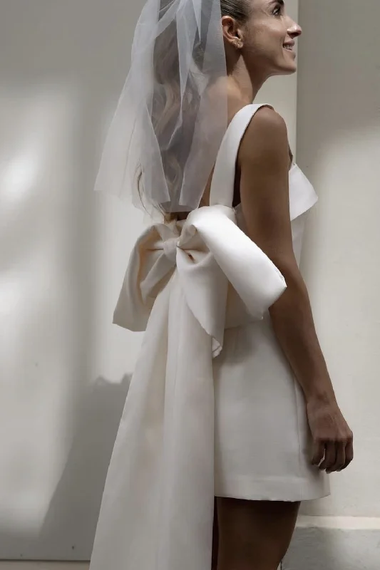 Multicultural - inspired wedding dressMini Style Satin Wedding Dress with Big Bow Ribbon