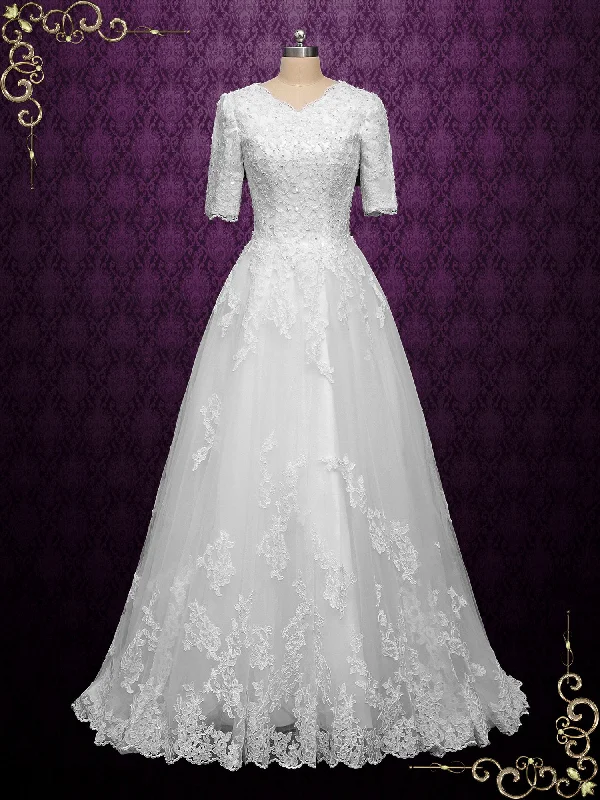 New - age - style wedding dress with unique detailsModest Lace Ball Gown Wedding Dress with Sleeves NYALA New - age - style wedding dress with unique detailsModest Lace Ball Gown Wedding Dress with Sleeves NYALA