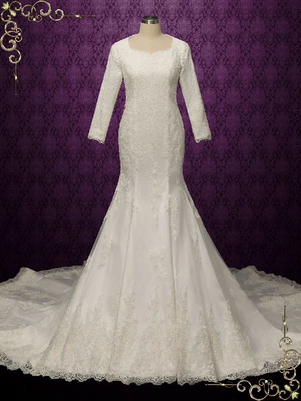 Affordable minimalist wedding dress for budget bridesModest Lace Fit and Flare Wedding Dress KAITYLN Affordable minimalist wedding dress for budget bridesModest Lace Fit and Flare Wedding Dress KAITYLN