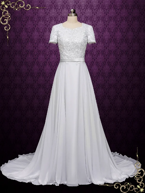 Off - the - shoulder ball gown wedding dressModest Lace Wedding Dress with Short Sleeves ARYA Off - the - shoulder ball gown wedding dressModest Lace Wedding Dress with Short Sleeves ARYA