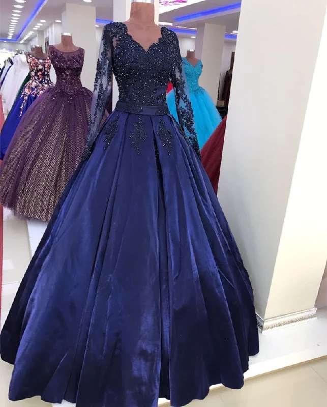Plus - size mermaid wedding dressNavy Blue Satin Ball Gown Lace V-neck Long Sleeve Dresses Plus - size mermaid wedding dressNavy Blue Satin Ball Gown Lace V-neck Long Sleeve Dresses