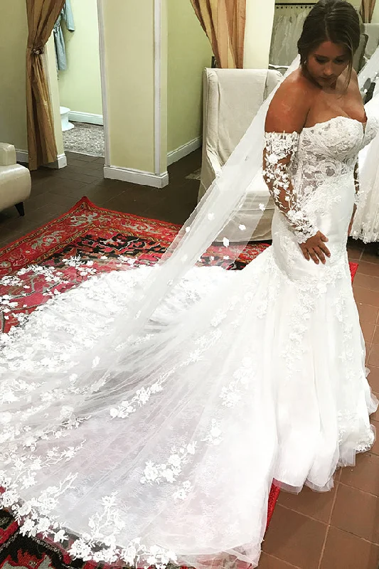 Dark - colored wedding dress for a mysterious brideLong Mermaid Off Shoulder White Wedding Dress with Lace