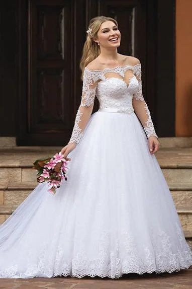 Navy - blue wedding dress for a sophisticated lookPrincess Long Sleeves Off Shoulder White Wedding Dress with Lace
