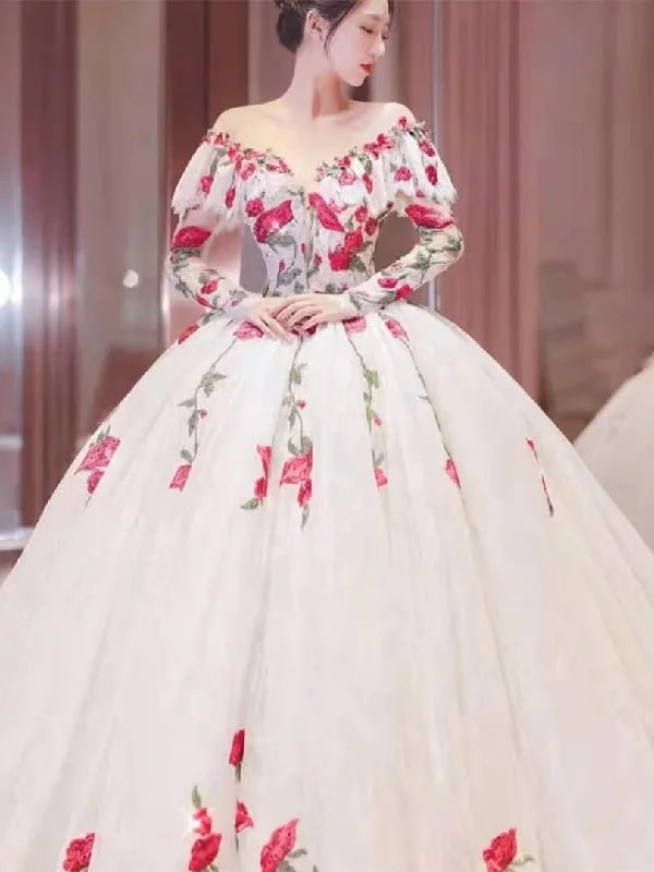 Off - the - shoulder ball gown wedding dressOff Shoulder Long Sleeves Rose Floral Wedding Dresses, Ball Gown, Long Wedding Dresses, Newest Wedding Dresses Off - the - shoulder ball gown wedding dressOff Shoulder Long Sleeves Rose Floral Wedding Dresses, Ball Gown, Long Wedding Dresses, Newest Wedding Dresses
